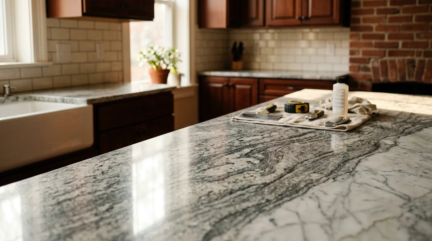 Polished granite countertop installed in a modern kitchen