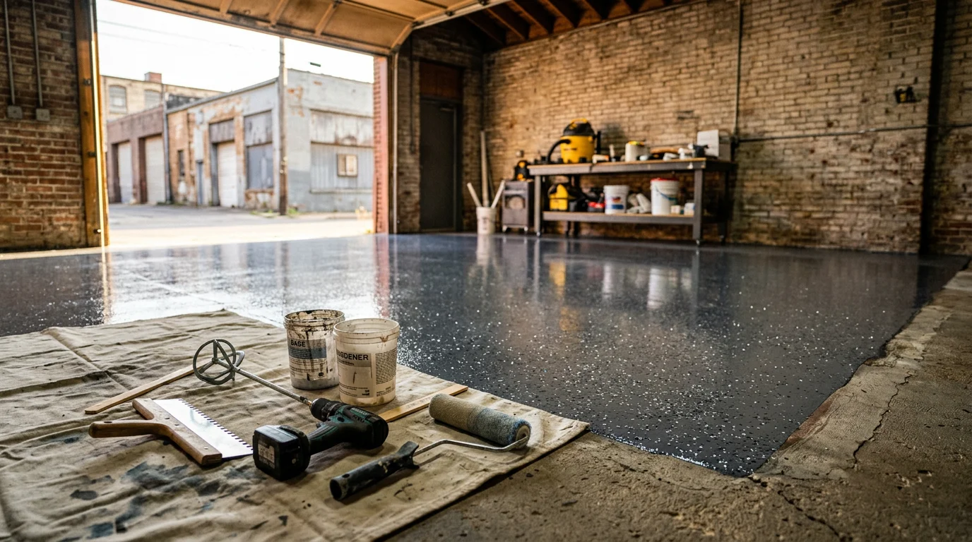 Polished epoxy floor with marble finish in a residential garage