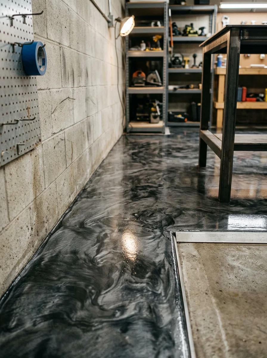 Portrait view of a metallic epoxy floor in a Bowling Green, KY finished garage or workshop space, showing deep charcoal and silver swirl tones on a smooth, sealed concrete surface.