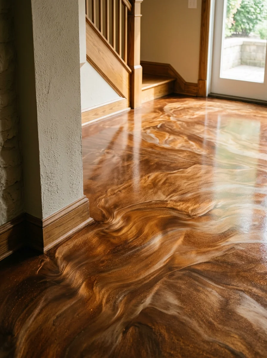 Portrait view of a metallic epoxy floor in a Cincinnati basement living space, showing warm bronze and cream swirl tones on a smooth, sealed concrete surface with natural light from a walk-out door.