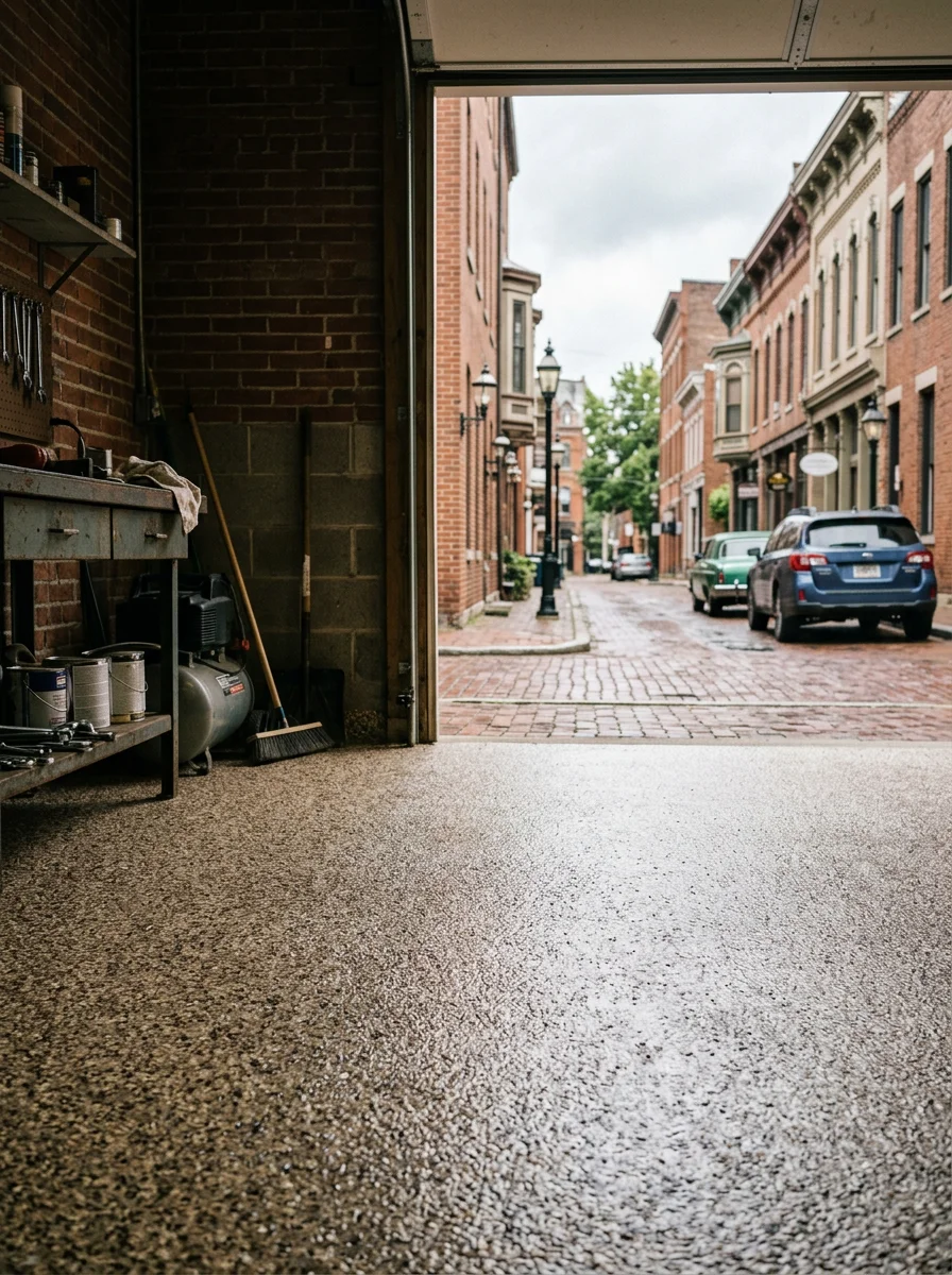 Portrait view of a Covington, KY garage floor coated with a full-broadcast color flake epoxy system in tan and brown tones, with the garage door open to a narrow urban street.