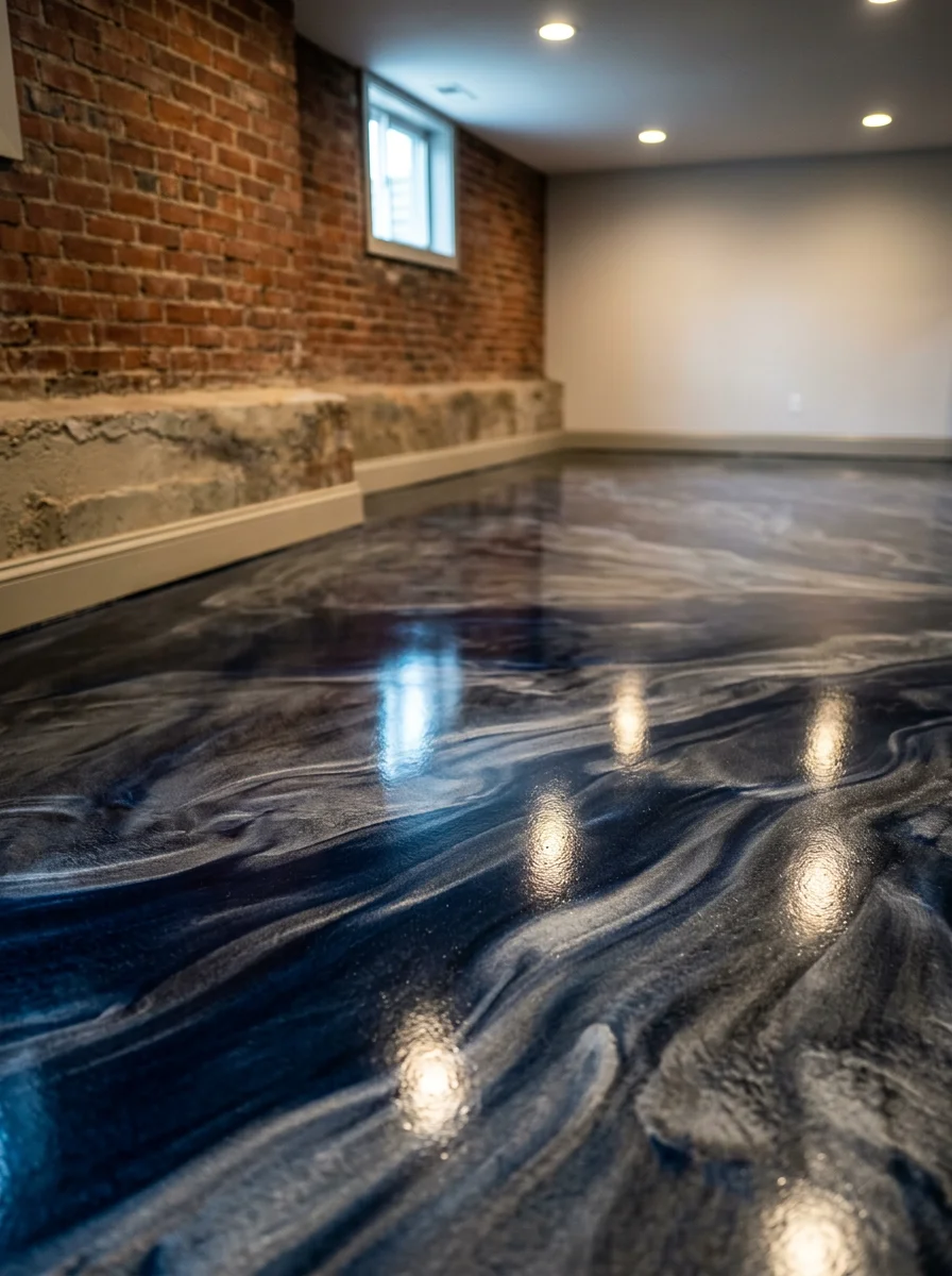 Portrait view of a metallic epoxy floor in a Dayton, OH basement converted to a living space, showing deep navy and silver swirl tones on a smooth, high-gloss sealed surface with recessed lighting above.