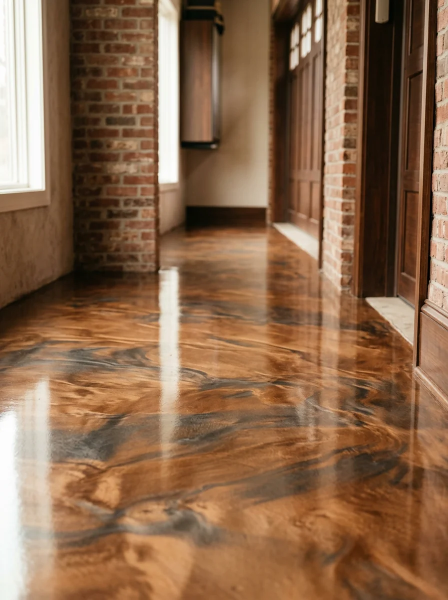 Portrait view of a metallic epoxy floor in a Georgetown, KY finished garage or basement, showing warm bronze and charcoal swirl tones on a smooth, high-gloss sealed concrete surface.