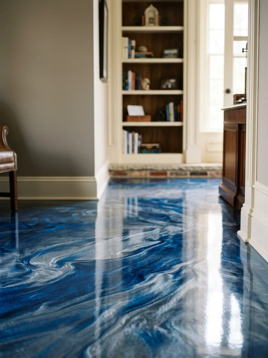Portrait view of a metallic epoxy floor in a Lexington, KY home office or finished basement, showing deep blue and silver swirl tones on a smooth, high-gloss sealed surface.