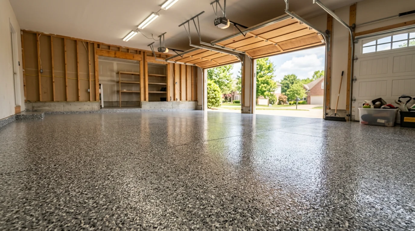Wide-angle view of a finished three-car garage floor in a Lexington, KY subdivision showing a full-broadcast color flake epoxy system in gray and white tones under bright LED lighting.