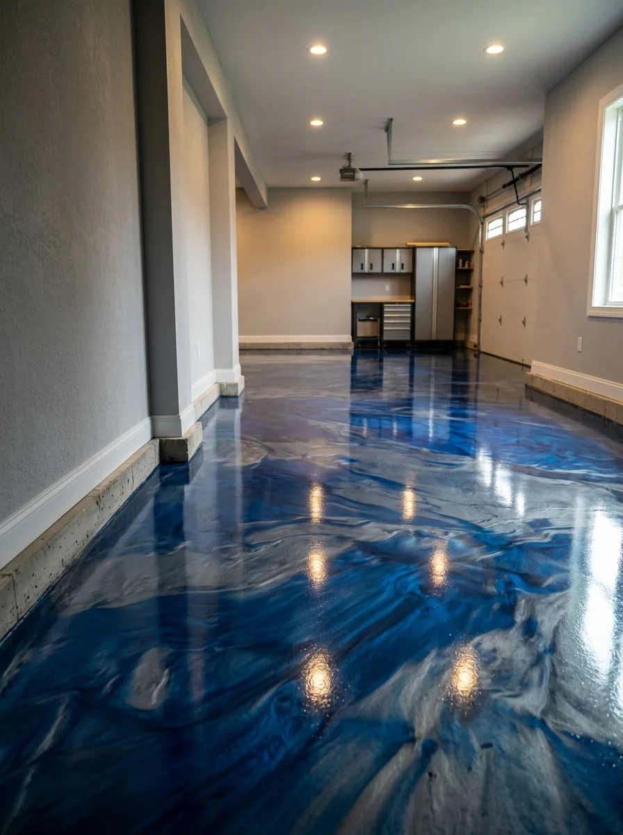 Portrait view of a metallic epoxy floor in a Union, KY finished garage or bonus room, showing deep blue and silver swirl tones on a smooth, high-gloss sealed concrete surface with recessed lighting.