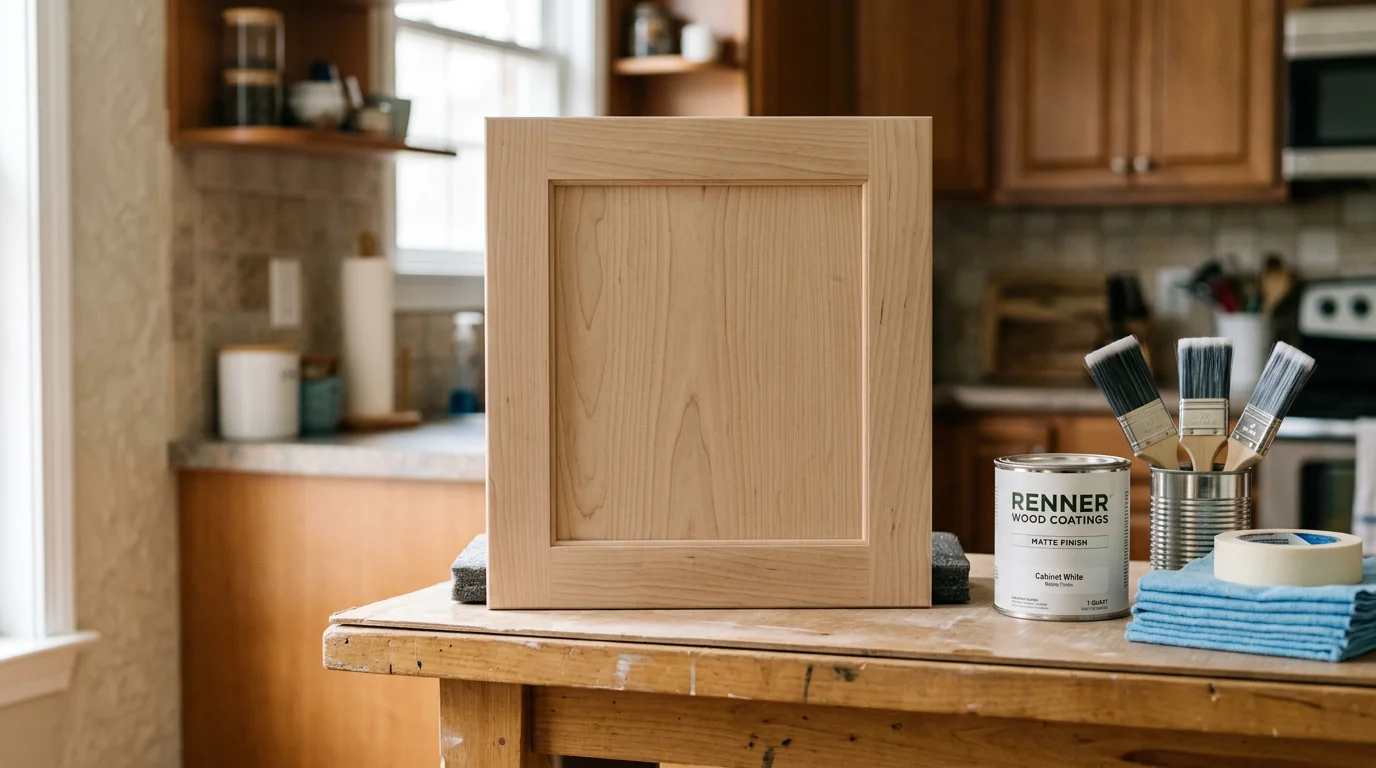 Freshly painted white kitchen cabinets with clean brush lines and smooth finish in a Louisville home. Cabinet doors and drawer fronts show an even coat with no drips or brush marks visible.