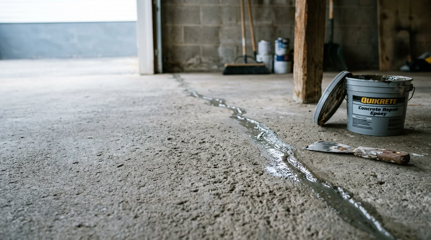 A freshly filled and smoothed concrete crack on a residential garage floor in Louisville, Kentucky. The repaired surface is flush and clean, ready for an epoxy coating application.