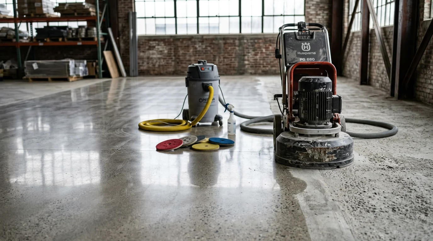 Polished concrete floor inside a Louisville commercial space showing a smooth, high-gloss surface after grinding and polishing. The reflective finish highlights the open floor area and even surface texture achieved by Alpha Omega Epoxy and Painting.