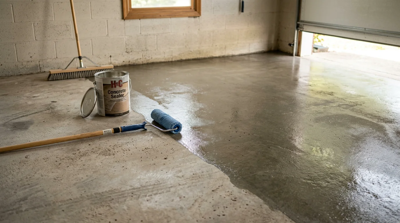 A freshly sealed concrete garage floor in a Louisville home, showing an even, clean surface with no visible staining or cracking. The sealed slab reflects overhead lighting and shows a smooth, uniform finish across the full floor area.