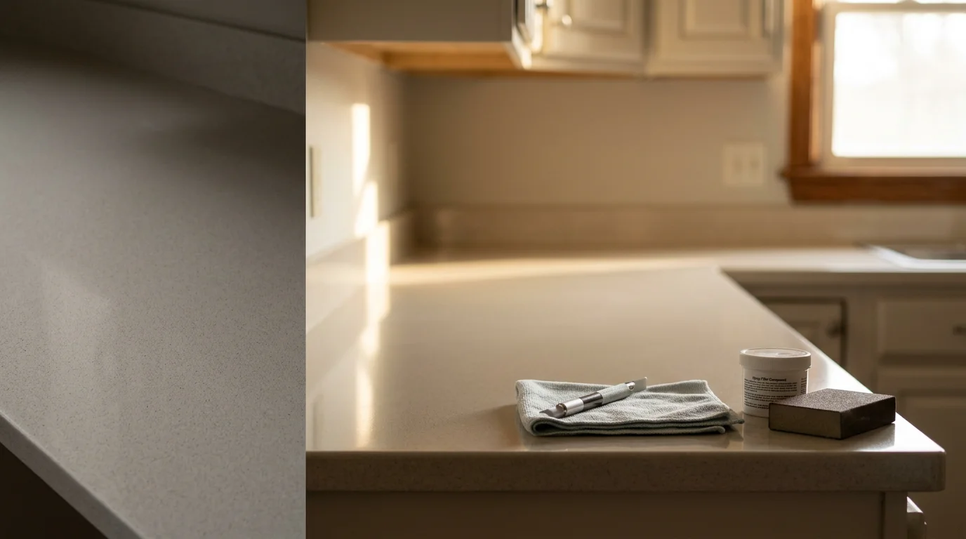A Louisville kitchen countertop after epoxy repair and restoration, showing a smooth, uniform surface with no visible cracks or chips. The finished surface reflects light evenly across the full countertop area.