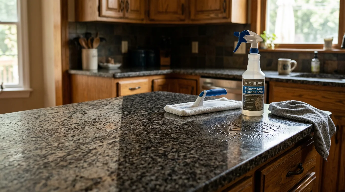 A sealed stone countertop in a Louisville kitchen showing water beading on the surface after professional sealing treatment. Close-up view highlights the protective finish applied by Alpha Omega Epoxy and Painting.