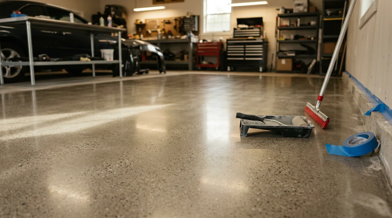 A freshly diamond-coated concrete garage floor in Louisville, Kentucky, showing a smooth high-gloss surface under bright overhead lighting. The sealed floor reflects the walls and ceiling of the space, with no visible cracks or staining on the concrete.