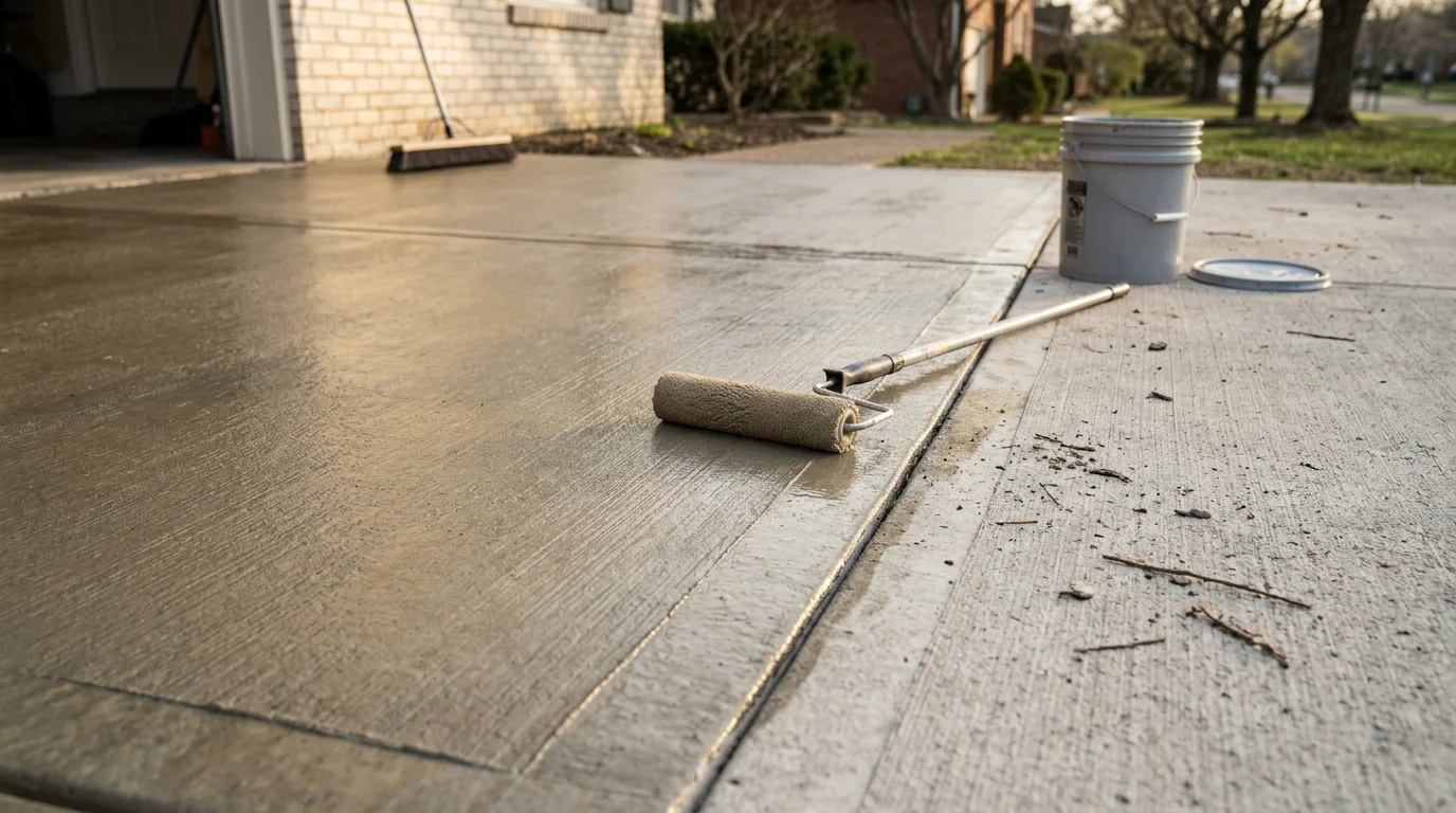 A freshly sealed concrete driveway in Louisville, Kentucky, showing a clean, even surface with water beading on top after application. The residential driveway runs alongside a single-family home with visible curb appeal improvement from the protective coating.