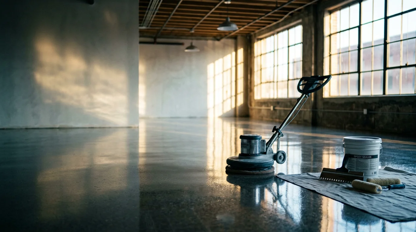 A polished and sealed epoxy floor inside a Louisville commercial space, showing a smooth, high-sheen concrete surface free of cracks or dull spots. The finished floor reflects overhead lighting evenly across the entire surface.