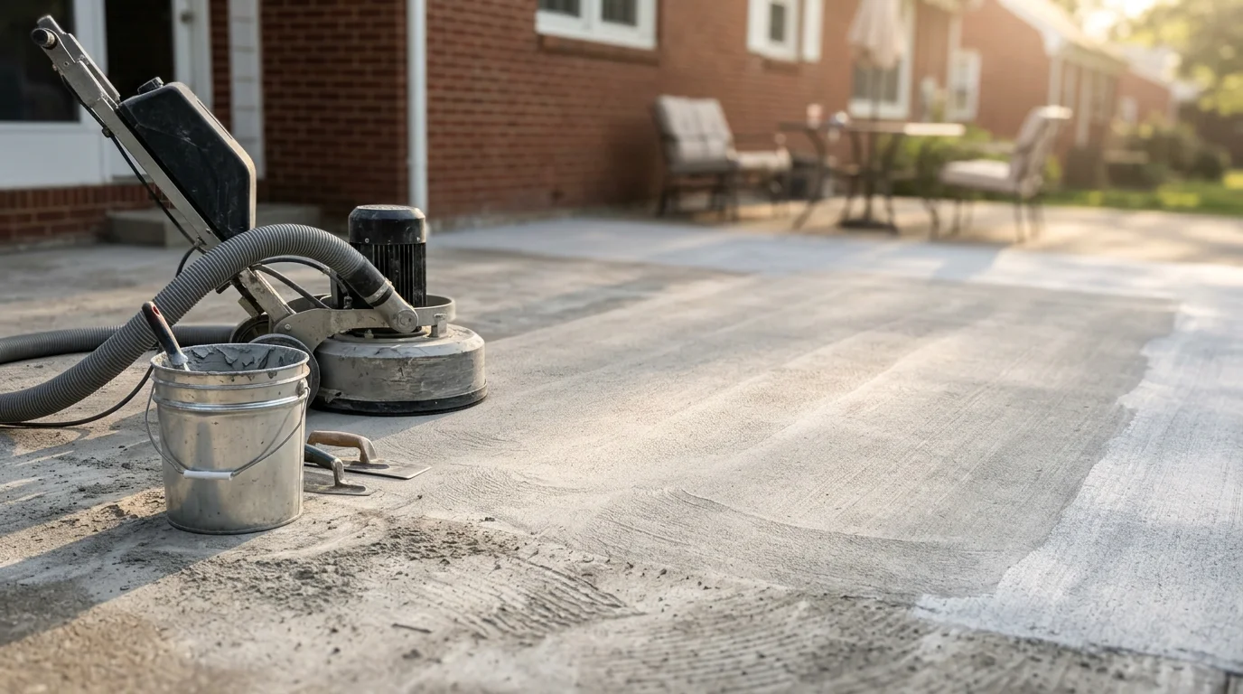 Freshly applied exterior epoxy coating on a residential patio in Louisville, showing a smooth, sealed concrete surface with a clean, uniform finish. The coated outdoor surface reflects light and shows no cracking or staining.