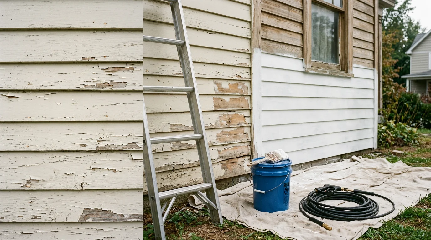 A freshly painted two-story home exterior in Louisville, Kentucky, showing clean siding and trim in a solid neutral color. The finished surface shows no peeling or fading, with consistent coverage across the full front facade.