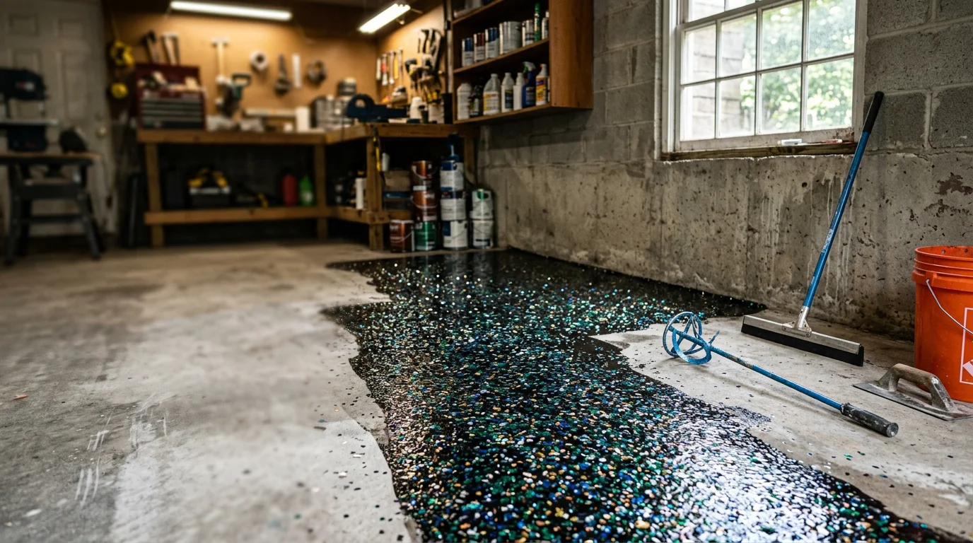 Finished flake epoxy floor in a Louisville residential garage, showing a speckled multi-color vinyl flake pattern sealed under a glossy clear topcoat. The seamless surface covers the full concrete slab from wall to wall.