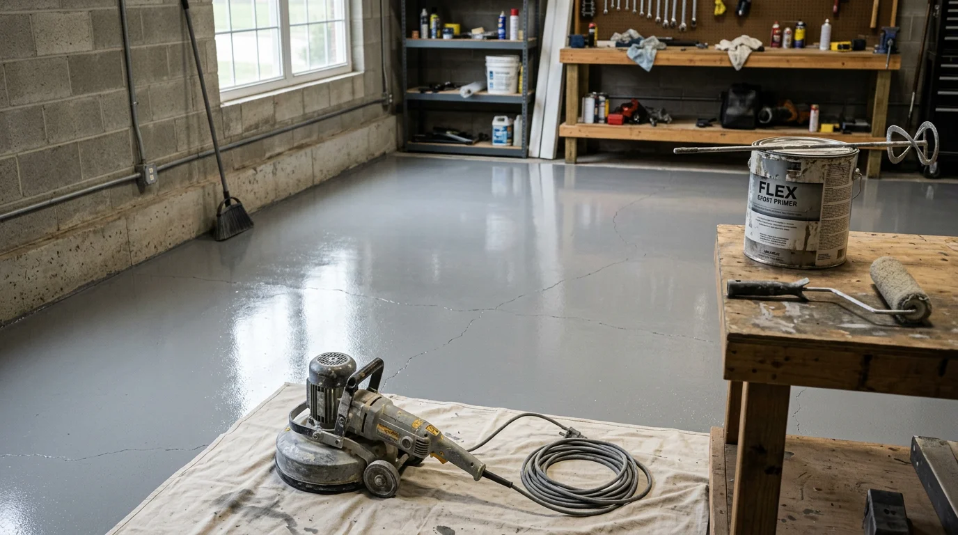 Finished flex epoxy floor coating on a concrete garage slab in Louisville, Kentucky, showing a smooth, seamless surface with no visible cracks or peeling. The coating reflects overhead lighting and covers the full floor area of a residential garage.
