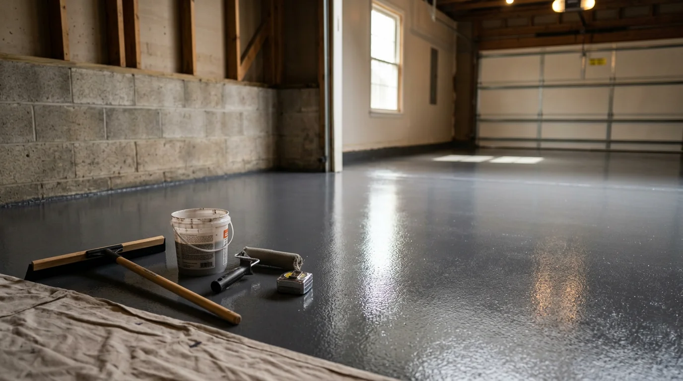 Freshly coated garage floor in a Louisville home showing a smooth, glossy epoxy surface with no cracks or stains visible. The driveway outside the open garage door shows a matching sealed concrete finish under natural daylight.