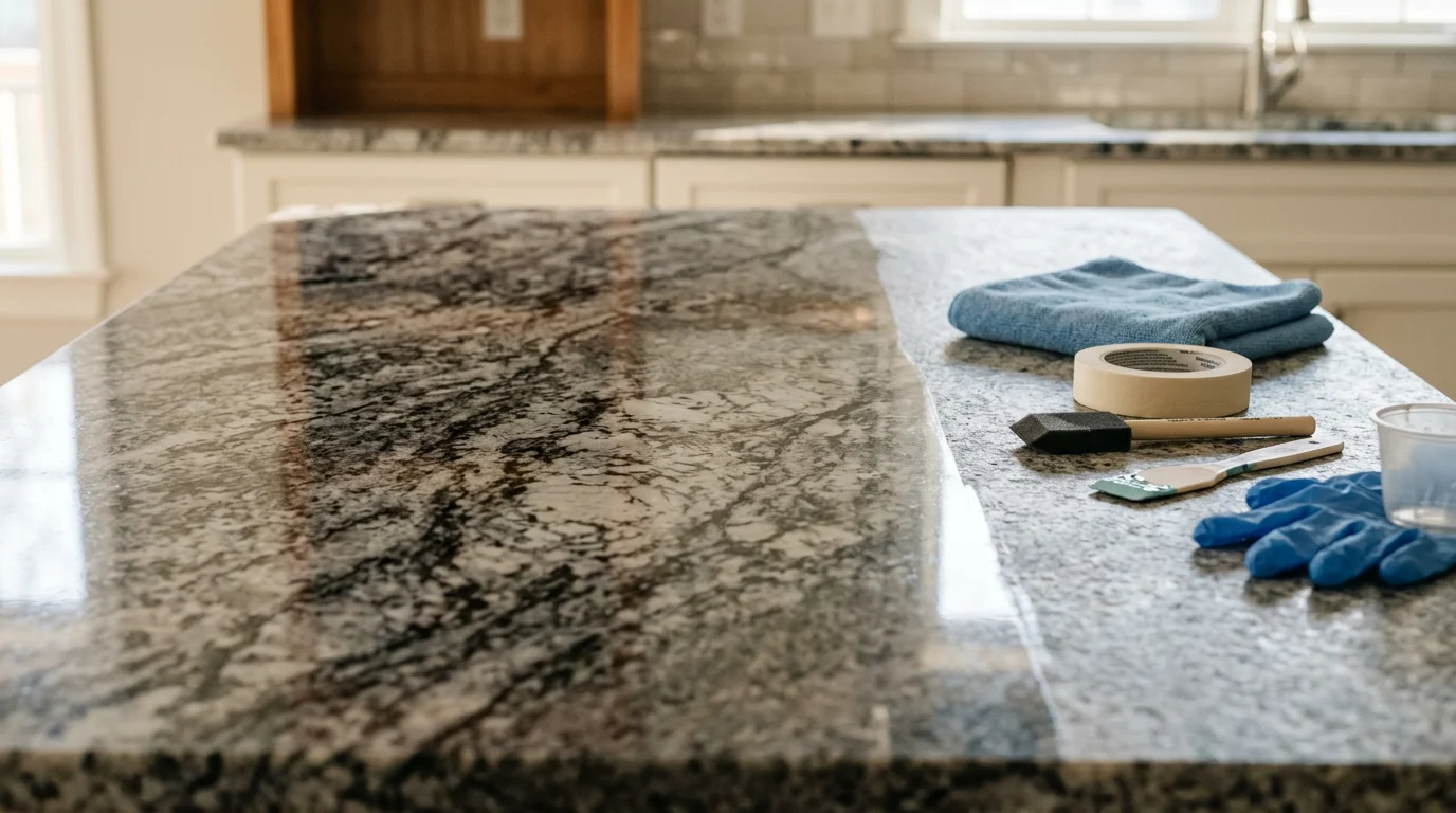 Close-up of a sealed granite kitchen countertop in a Louisville home showing a clear, high-gloss epoxy finish with the stone's natural veining visible beneath. The surface reflects overhead lighting evenly with no visible pores or cracks.