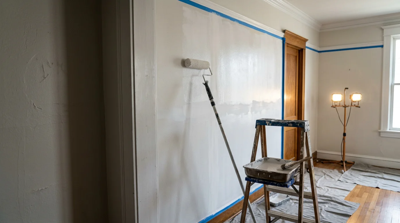 Freshly painted interior living room walls in a Louisville home, showing clean edges along white trim and an even, smooth finish throughout the space.