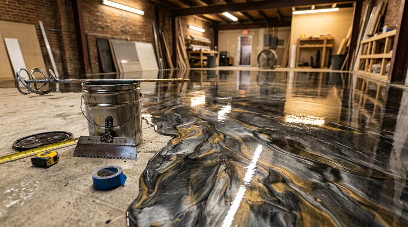 A finished marble and metallic epoxy floor inside a Louisville home, showing deep swirling patterns and a high-gloss reflective surface across a seamless concrete base. The metallic pigments create a three-dimensional effect that shifts with the natural light in the room.