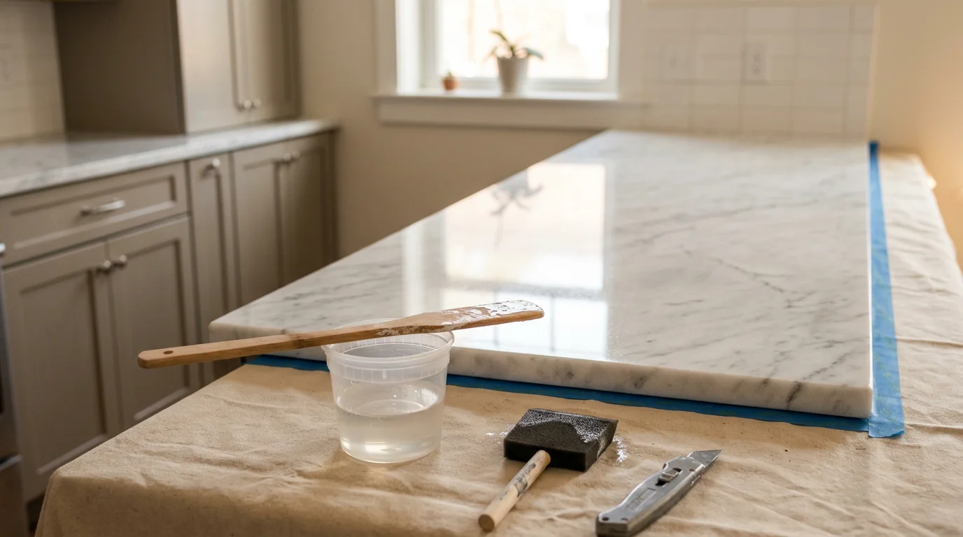 A Louisville kitchen countertop finished with a marble epoxy seal coat, showing a smooth high-gloss surface with visible stone veining. The sealed countertop reflects overhead lighting evenly with no visible cracks or dull spots.